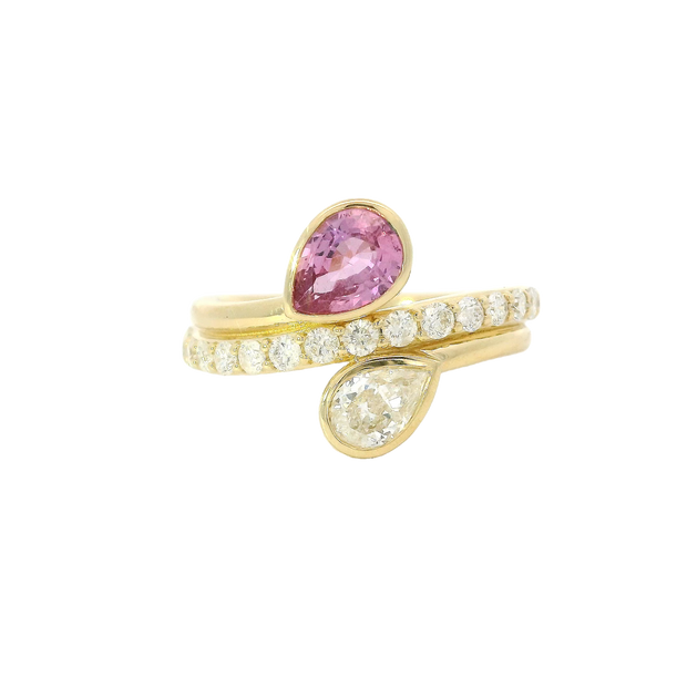 Bague Toi-Et-Moi avec diamant canadien et saphir rose en forme de poire sertis clos