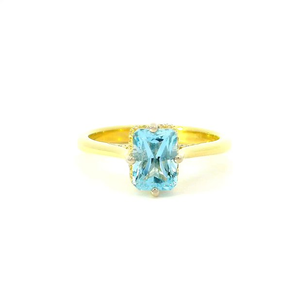 Radiant Cut Aquamarine Ring with Diamond Hidden Halo