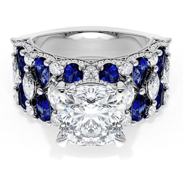 Cushion Solitaire Engagement Ring w/ North South Marquise & Pear Band