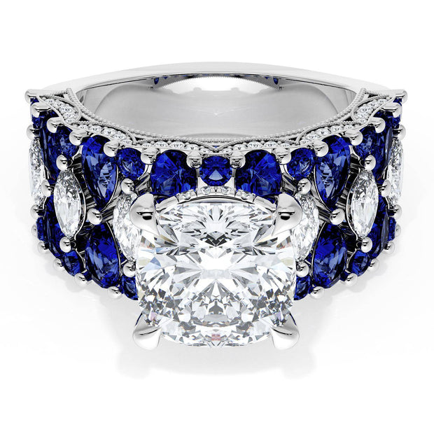 Cushion Solitaire Engagement Ring w/ North South Marquise & Pear Band