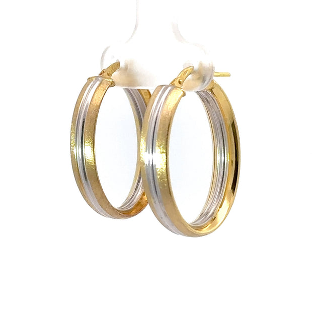 Two-Tone Gold Satin Finish Oval Hoop Earrings