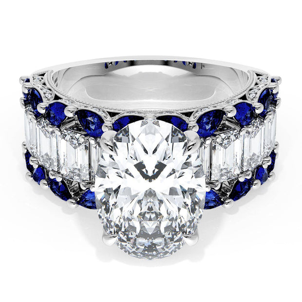 Oval Solitaire Engagement Ring w/ Emerald & Pear Band