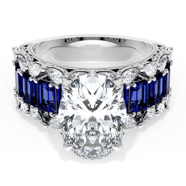 Oval Solitaire Engagement Ring w/ Emerald & Pear Band