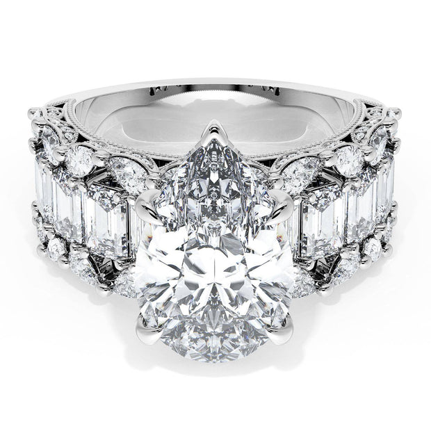 Pear Solitaire Engagement Ring w/ Emerald & Pear Band