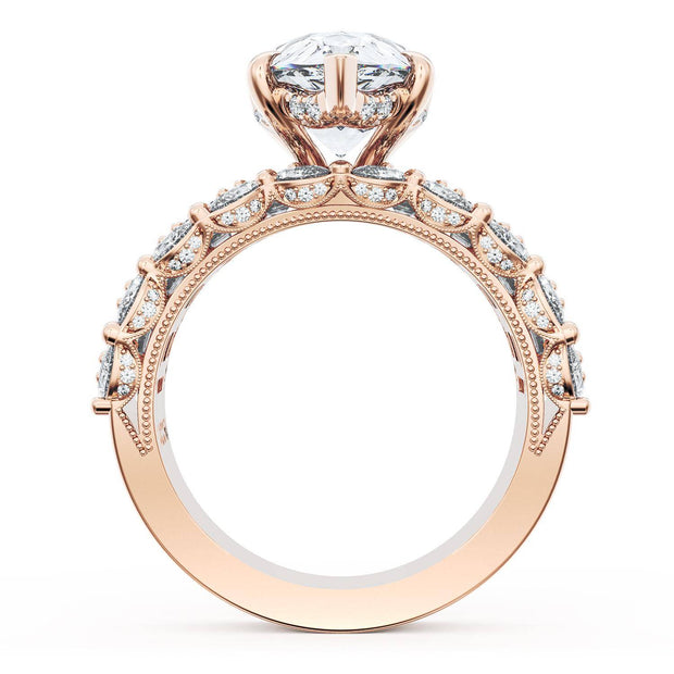 Pear Solitaire Engagement Ring w/ Emerald & Pear Band