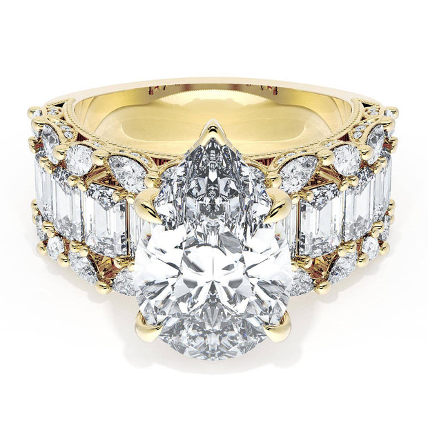 Pear Solitaire Engagement Ring w/ Emerald & Pear Band