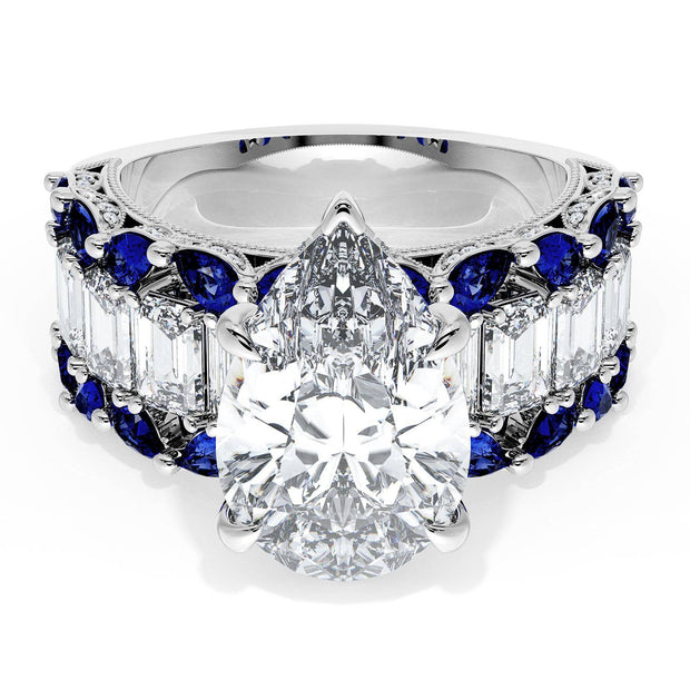 Pear Solitaire Engagement Ring w/ Emerald & Pear Band