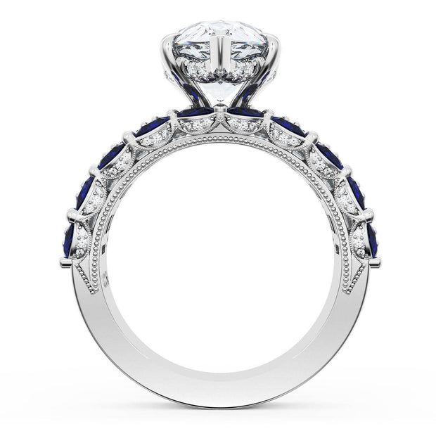 Pear Solitaire Engagement Ring w/ Emerald & Pear Band