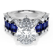 Pear Solitaire Engagement Ring w/ Emerald & Pear Band