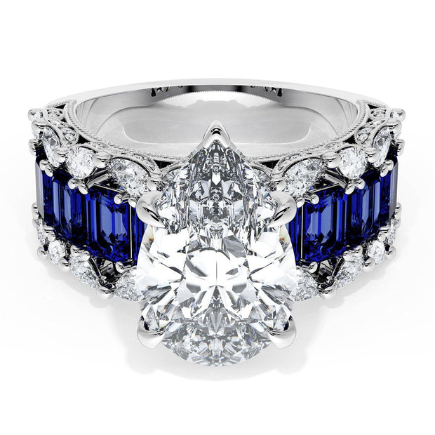 Pear Solitaire Engagement Ring w/ Emerald & Pear Band
