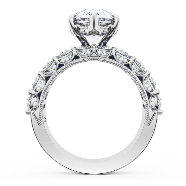 Pear Solitaire Engagement Ring w/ Emerald & Pear Band