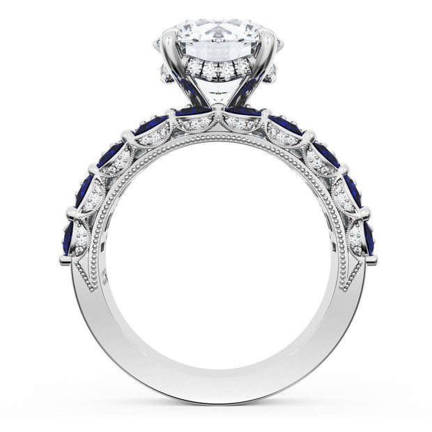 Round Solitaire Engagement Ring w/ Emerald & Pear Band