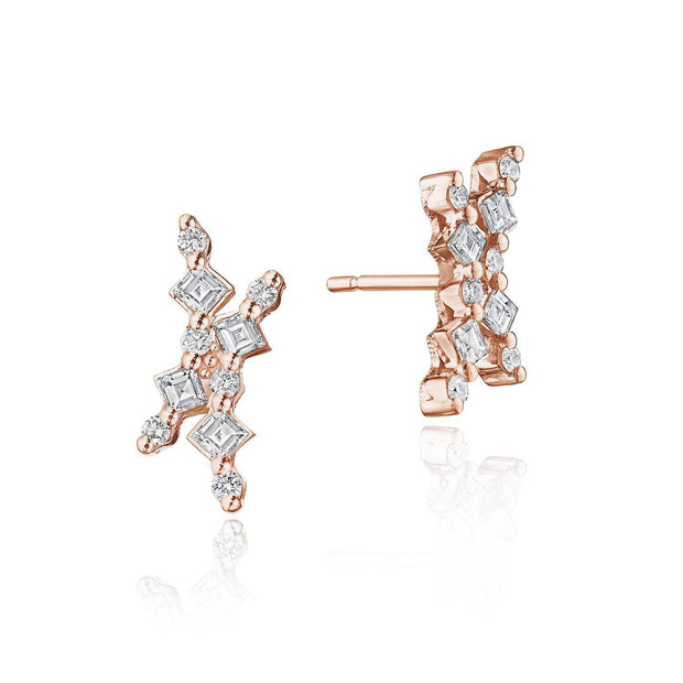 Carré and Round Diamond Stud Earrings in 18kt Rose Gold