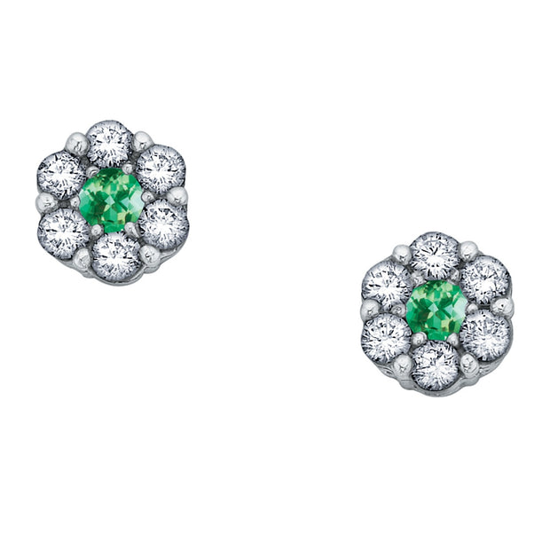 Emerald and Diamond Flower Stud Earrings