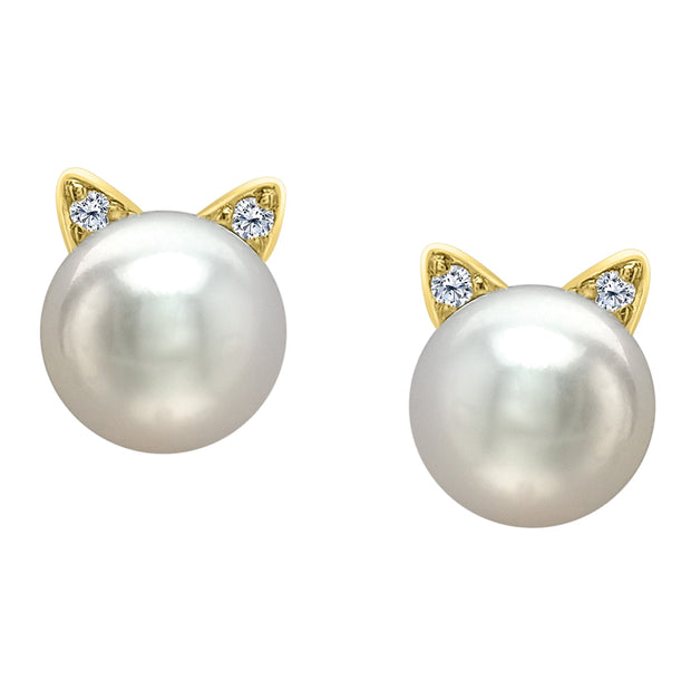 Pearl and Diamond Cat Stud Earrings