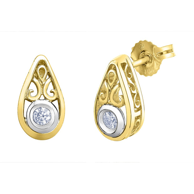 Filigree Teardrop Stud Earrings with Bezel Set Diamonds