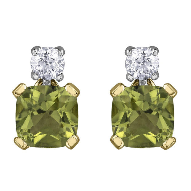 Cushion Cut Peridot and Canadian Diamond Stud Earrings