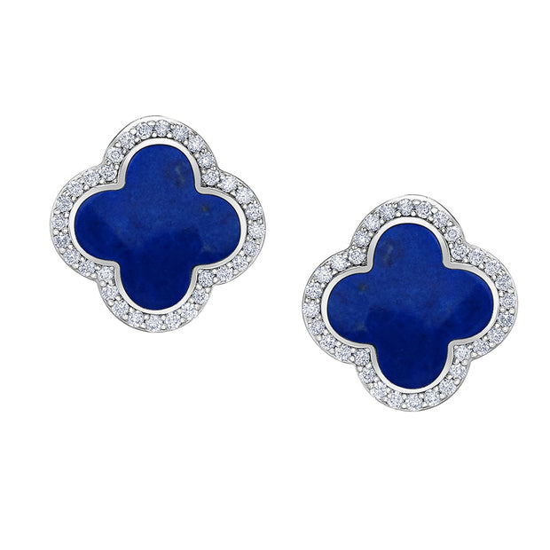 Cloverleaf Lapis Earrings with Diamond Halo