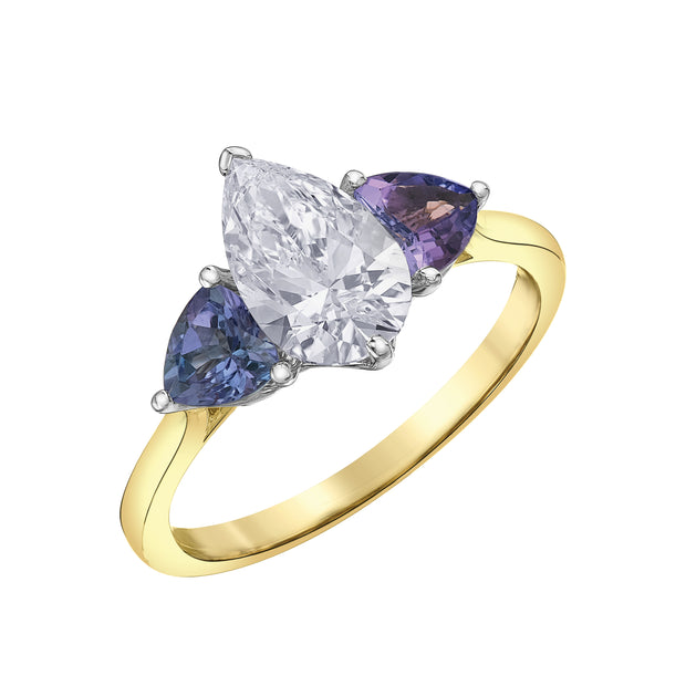 Bague de fiançailles avec diamant canadien en forme de poire et tanzanite