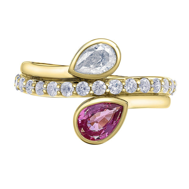 Bague Toi-Et-Moi avec diamant canadien et saphir rose en forme de poire sertis clos