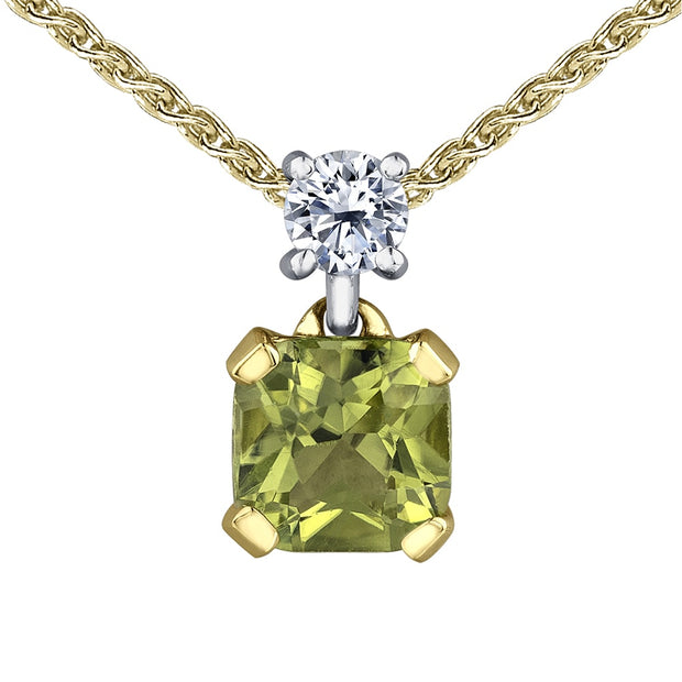 Cushion Cut Peridot and Canadian Diamond Pendant