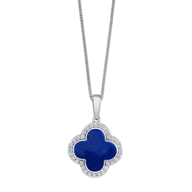 Cloverleaf Lapis Pendant with Diamond Halo