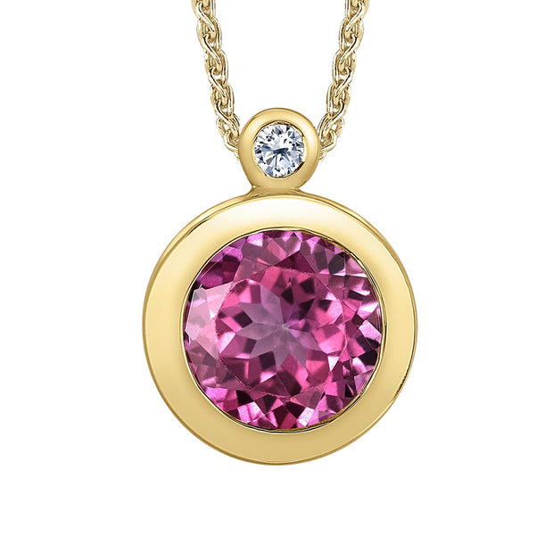Bezel Set Pink Topaz and Canadian Diamond Pendant with Engraved Hearts