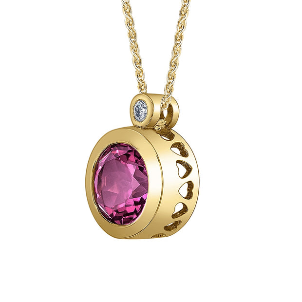 Bezel Set Pink Topaz and Canadian Diamond Pendant with Engraved Hearts