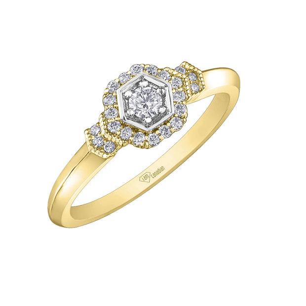 Canadian Hexagonal Diamond Ring with Diamond Halo and Accents