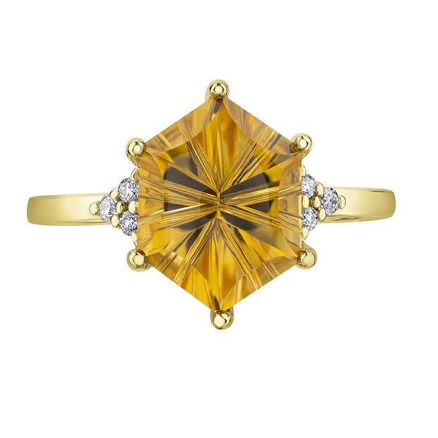 Hexagonal Cut Citrine and Diamond Ring