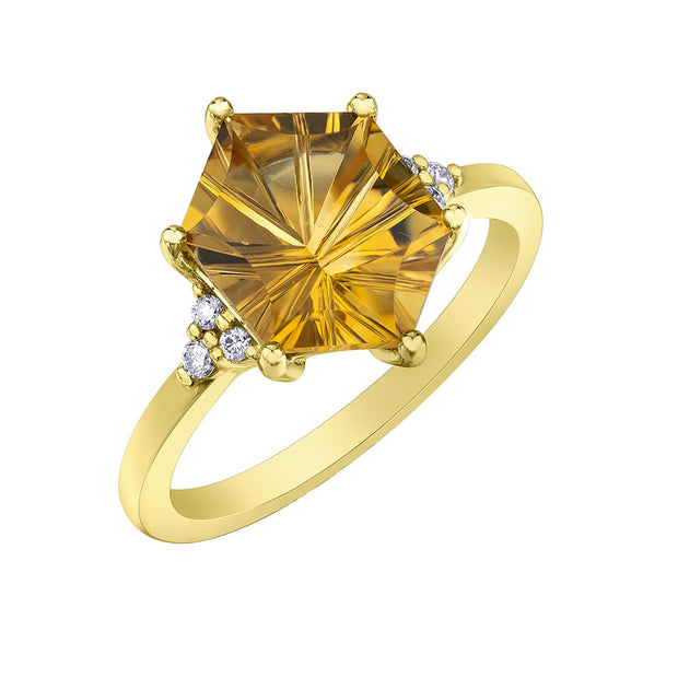 Hexagonal Cut Citrine and Diamond Ring
