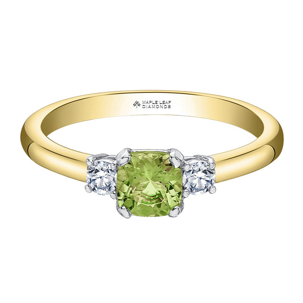 Cushion Cut Peridot and Canadian Diamond Ring
