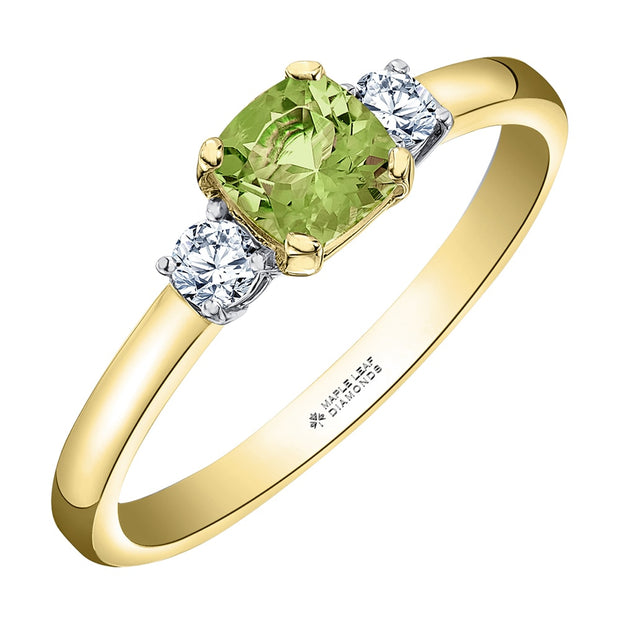 Cushion Cut Peridot and Canadian Diamond Ring