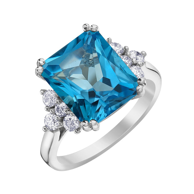 Radiant Cut Blue Topaz and Canadian Diamond Ring