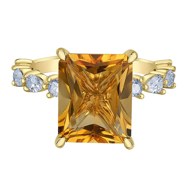 Radiant Cut Citrine and Pear-Shaped Canadian Diamond Ring