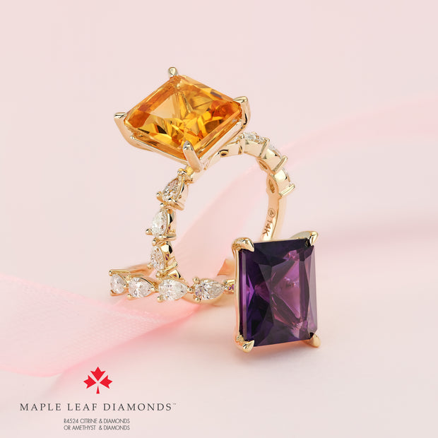 Radiant Cut Citrine and Pear-Shaped Canadian Diamond Ring