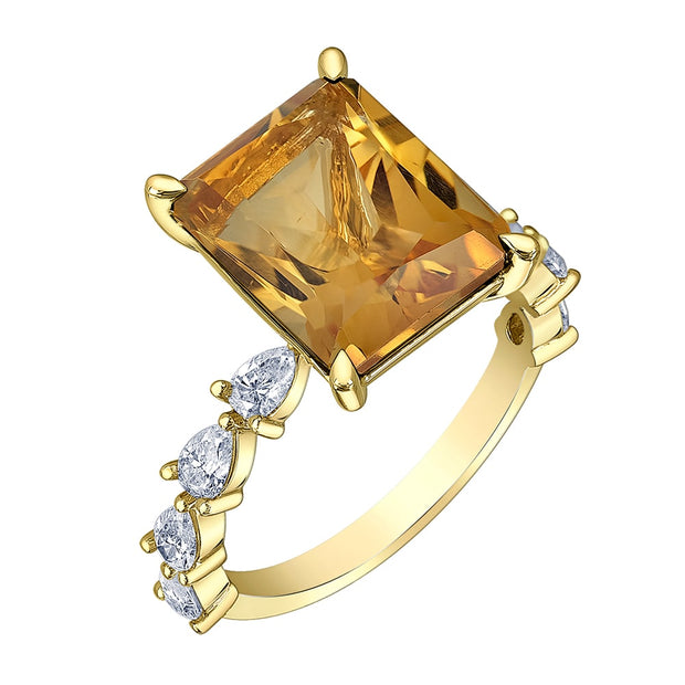 Radiant Cut Citrine and Pear-Shaped Canadian Diamond Ring