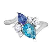 Bague tanzanite, topaze bleue et diamants