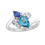 Bague tanzanite, topaze bleue et diamants