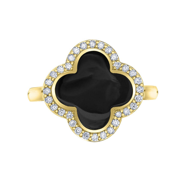 Cloverleaf Black Onyx Ring with Diamond Halo