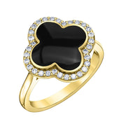 Bague en onyx noir en forme de trèfle avec halo de diamants 