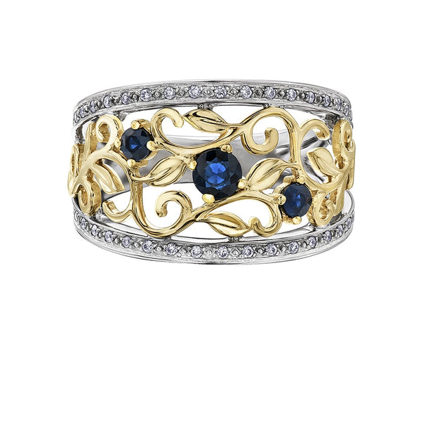 Vine-Detailed Sapphire and Diamond Ring