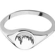 Small Circle signet ring (10mm) in 14K White Gold, with a Thin style band and a Trees engraving.