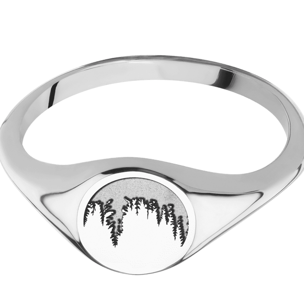 Small Circle signet ring (10mm) in 14K White Gold, with a Thin style band and a Trees engraving.