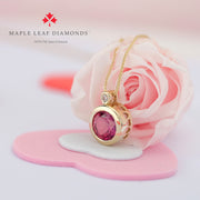 Bezel Set Pink Topaz and Canadian Diamond Pendant with Engraved Hearts