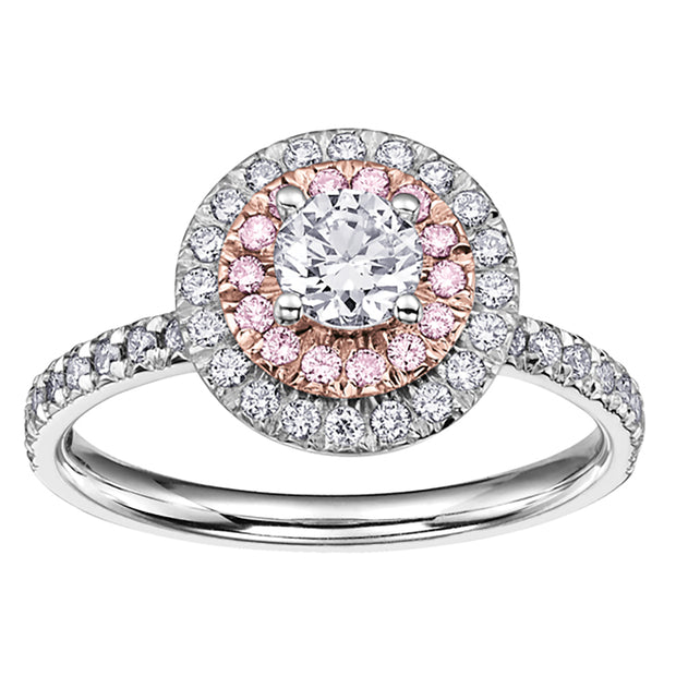 Round Canadian Diamond Ring with Pink Diamond Halo