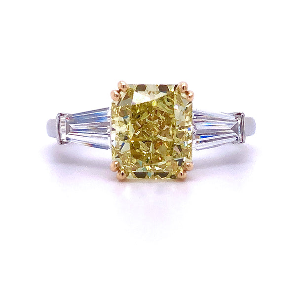 Radiant Cut Yellow Diamond Ring with Tapered Baguette Accents