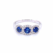 Three Stone Sapphire Ring with Diamond Halos