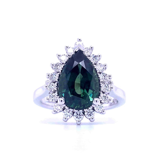Pear Shaped Teal Sapphire Ring with Canadian Diamond Halo