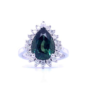 Pear Shaped Teal Sapphire Ring with Canadian Diamond Halo